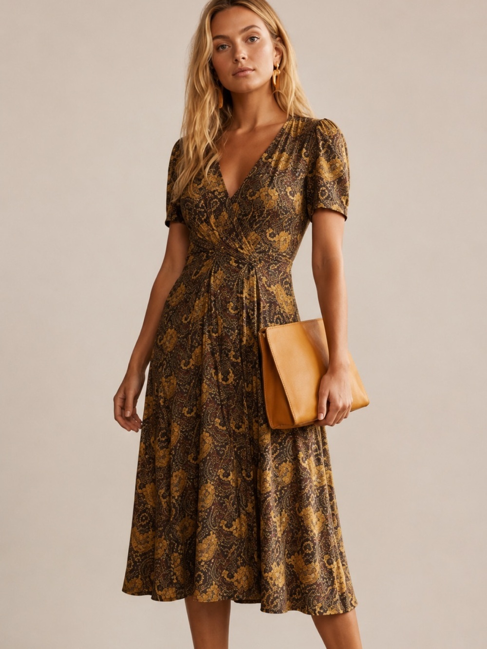 Free People Brown Olivia Printed Midi Dress Size 2 - 8158
